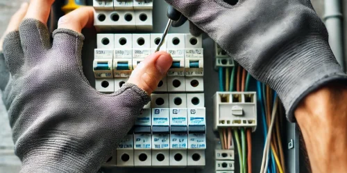 DALL·E 2024-08-28 00.32.15 - A close-up image focusing on a person's hands working on a home fuse box. The hands should be shown carefully handling electrical wires and components